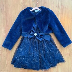 Holidays Dress | Navy Faux Fur Shrug and Lined Dress Ensemble